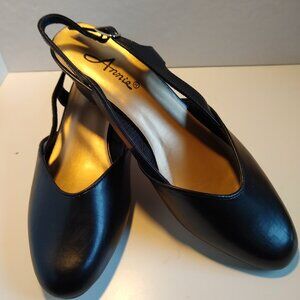 Annie Shoes Diane 8.5M Low Heel Sling Back Closed Toe Black Kid Smooth New